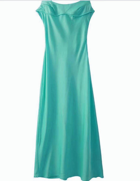 Color-Turquoise-Spring Summer Back Hollow Out Cutout Design Silk Satin Texture Slit Dress-Fancey Boutique