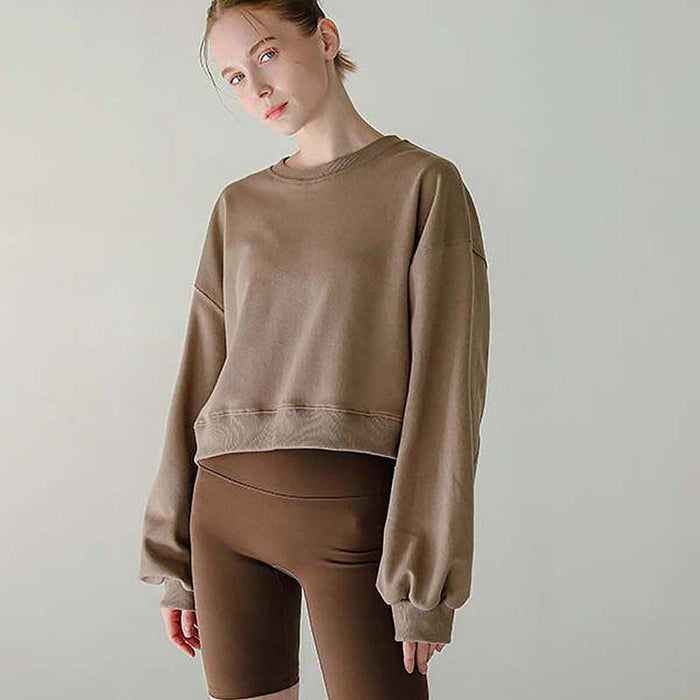 Color-Brown-Short Sweaters Women Clothing Spring Autumn Long Sleeve round Neck Pullover Casual Yoga Clothes Sexy Fitness Sports Top-Fancey Boutique