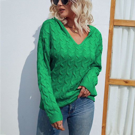 Color-Green-Autumn Winter Solid Color V Neck Hooded Sweater Retro Twist Sweater Women-Fancey Boutique