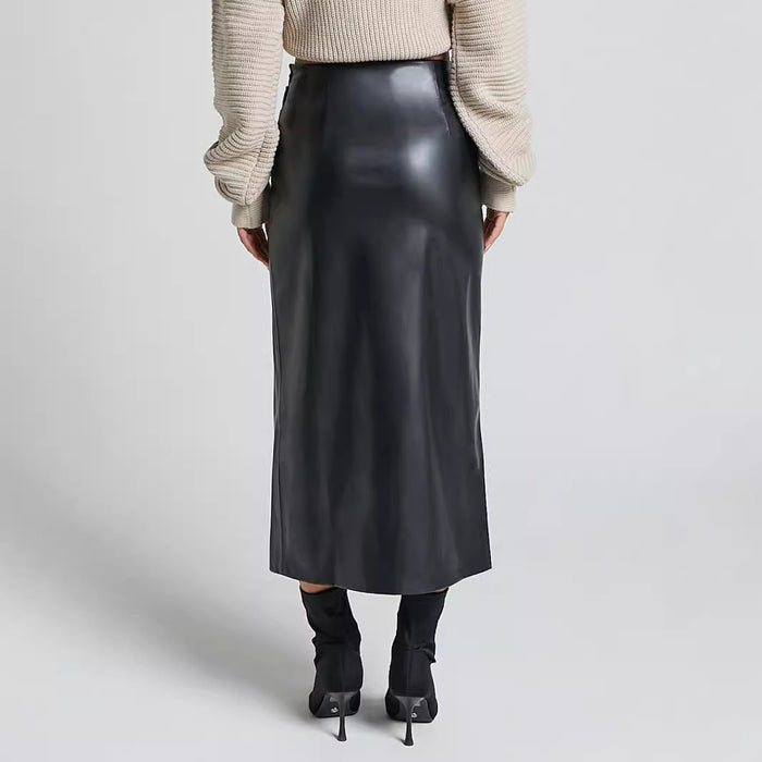 Autumn Winter Faux Leather Split Leather Skirt High Waist Zipper Skirt Slim Sheath Long Skirt Women-Fancey Boutique