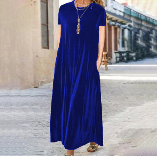 Color-Blue Short-Sleeved-Spring Gold Velvet Slimming Crew Neck Maxi Dress-Fancey Boutique