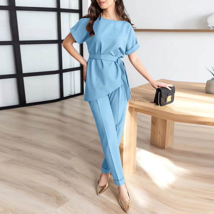 Color-Blue-Women Clothing round Neck Beveled Belt Top Skinny Pants Casual Long Pants Set-Fancey Boutique