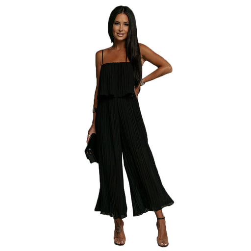 Color-Black-Women Clothing Strap Tube Top Pleated Loose Jumpsuit-Fancey Boutique