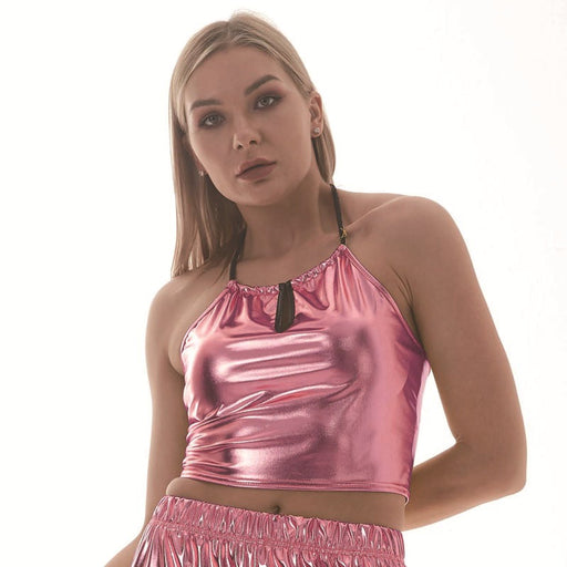 Color-Pink-Women Clothing Series Neck Tube Top Sexy Backless Metal Patent Leather Sling Sexy Slim Vest-Fancey Boutique