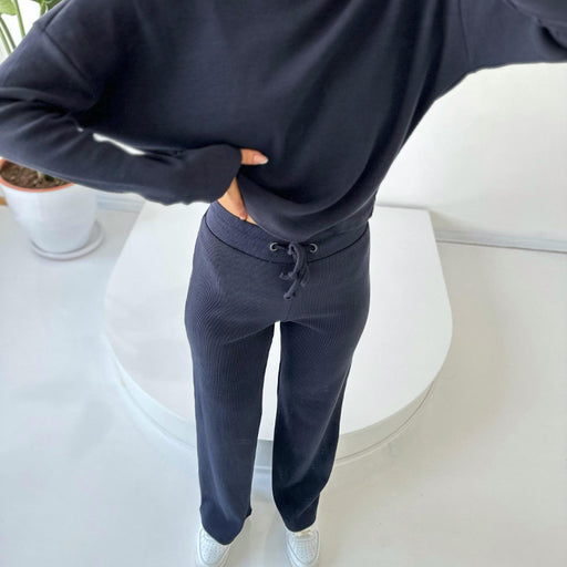 Color-Navy Blue-Autumn Winter Casual Set Thread round Neck Long Sleeve Top Drawstring Trousers for Women-Fancey Boutique