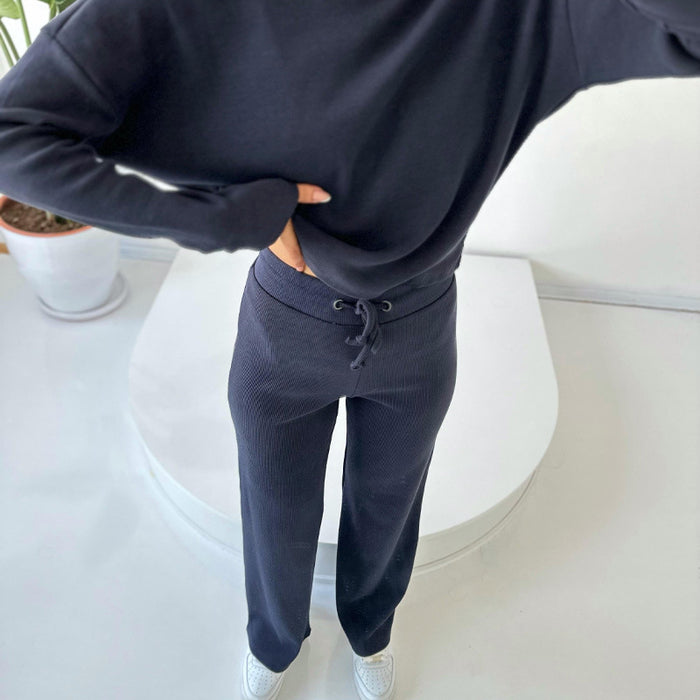Color-Navy Blue-Autumn Winter Casual Set Thread round Neck Long Sleeve Top Drawstring Trousers for Women-Fancey Boutique
