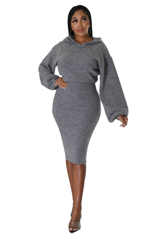 Color-Gray-WomenClothing Dress Long Sleeve Solid Color Dress Autumn-Fancey Boutique