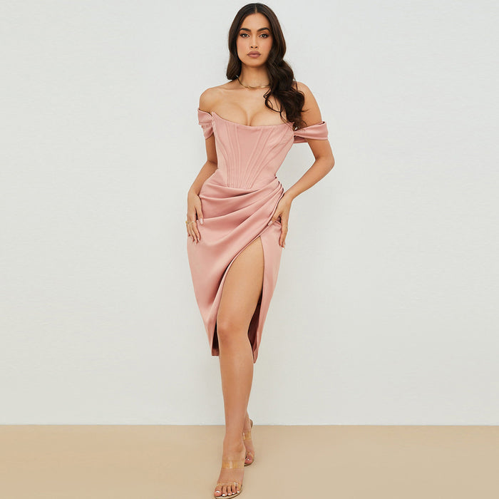 Women Clothing Sexy Bodycon Party Card Shoulder Tube Top Slim Fit Slit Solid Color Dress-Pink-Fancey Boutique