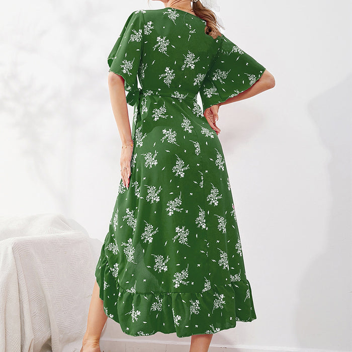 Nordic Elegant Floral Dress Women Summer V-neck Tea Dress French Waist Bandage Dress-blackish green-Fancey Boutique