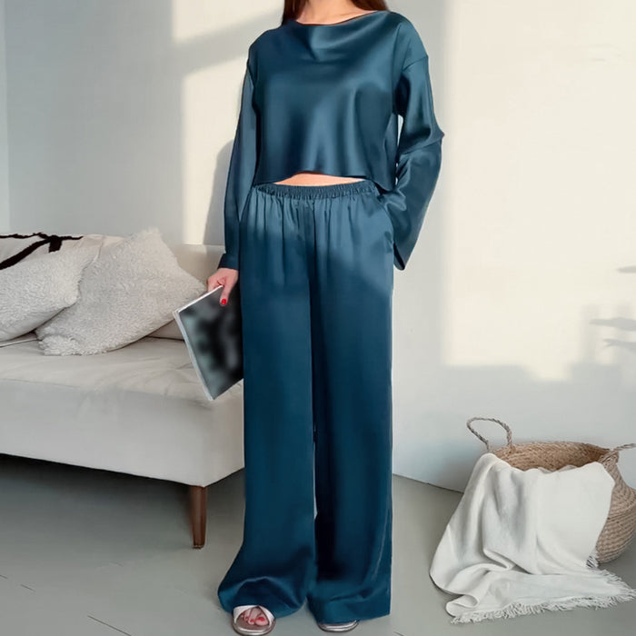 Color-Blue-Summer Artificial Silk Thin Pajamas Women Comfortable Cool Set Home Wear French Home Wear-Fancey Boutique