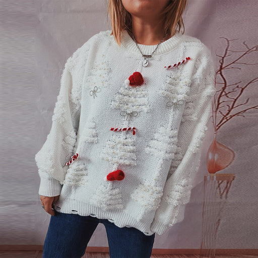 Color-White-Handmade Pearl Christmas Theme Sweater Three Dimensional Decoration Year Holiday Sweater Pullover-Fancey Boutique