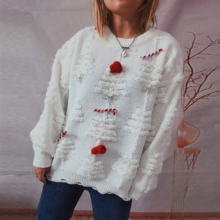 Color-White-Handmade Pearl Christmas Theme Sweater Three Dimensional Decoration Year Holiday Sweater Pullover-Fancey Boutique