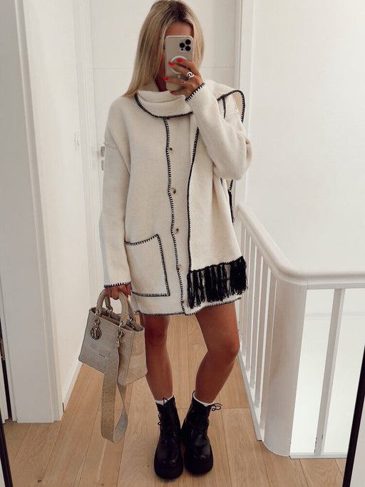 Color-White-Scarf Contrast Color Tassel Woolen Coat Fall Winter Coat-Fancey Boutique