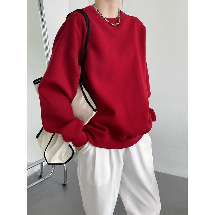 Color-Raspberry Red-Autumn Wine Red Loose Female Korean Loose Bf Long Sleeve Pullover Top Sweatshirt-Fancey Boutique