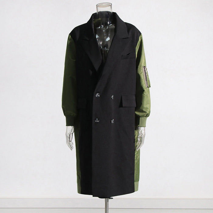 Color-Green-Autumn Winter Niche Design Stitching Contrast Color Loose Casual All Matching Long Trench Coat Women-Fancey Boutique