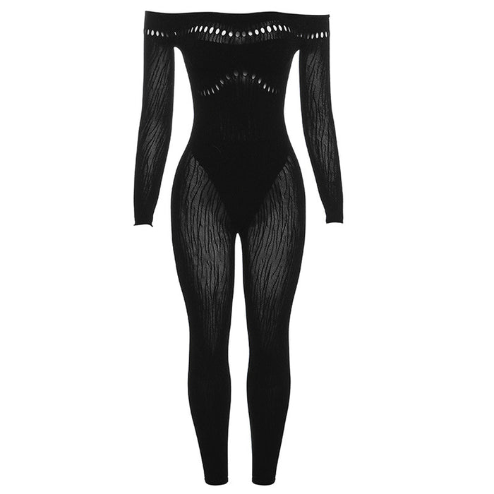 Color-Black-Fall Women Clothing Sexy off the Shoulder Hollow Out Cutout Knitted High Waist Tight Jumpsuit-Fancey Boutique