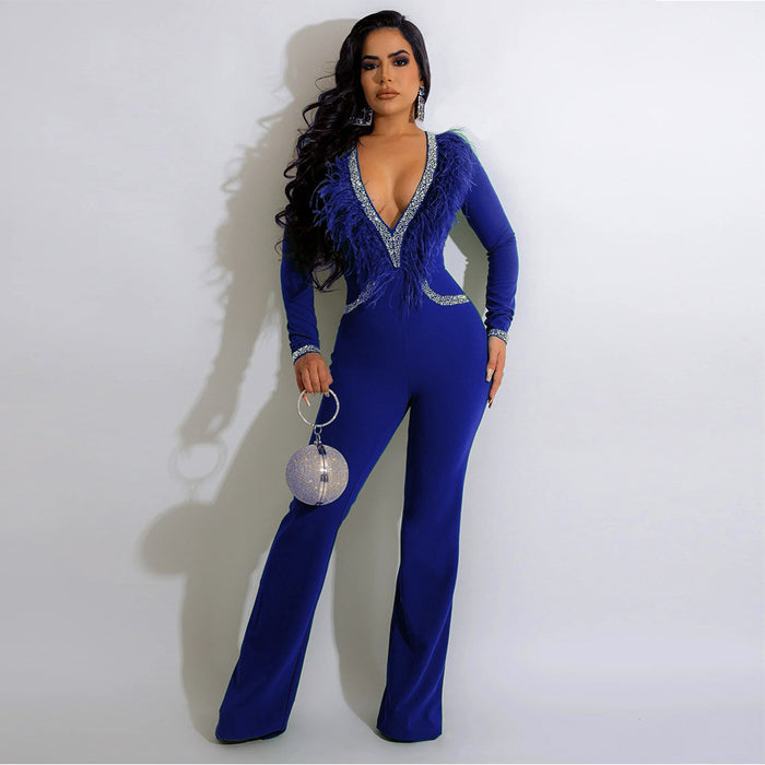 Color-Blue-Sexy Deep V Plunge Feather Collar Wide Leg Jumpsuit Women Autumn Winter Rhinestone-Fancey Boutique