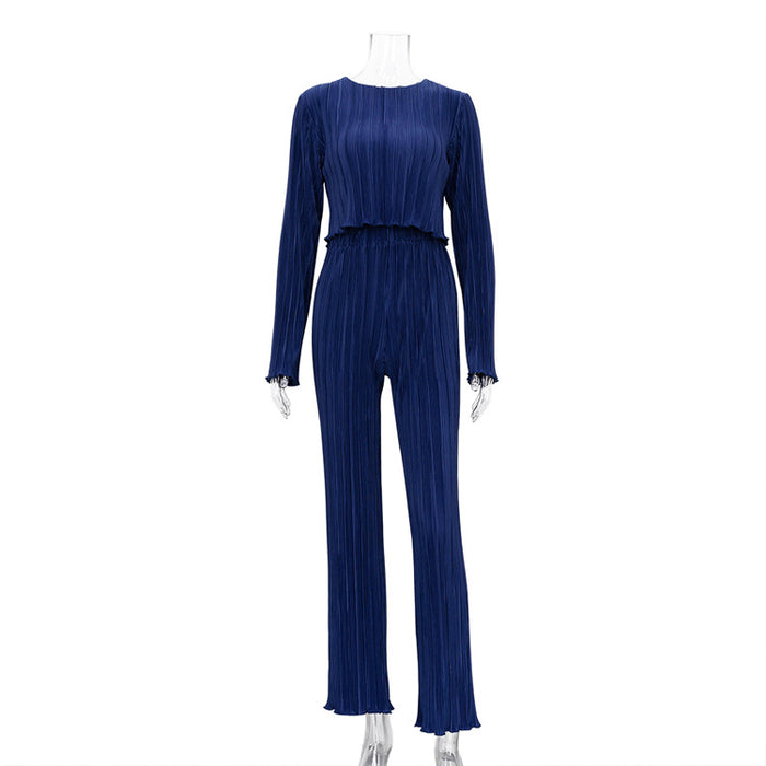 Early Autumn Chanel Long Sleeve T shirt Two Piece Slim Blue Pleated Wide Leg Trousers Suit-Navy Blue-Fancey Boutique