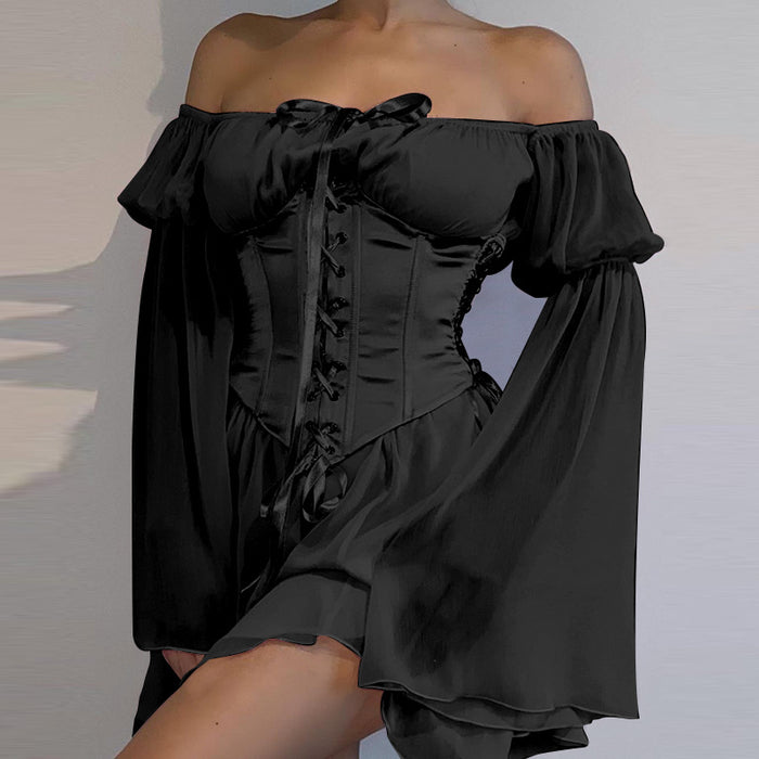 Color-Black Suit-Chiffon off Shoulder Irregular Asymmetric Women Dress Waist Set Office Skirt-Fancey Boutique
