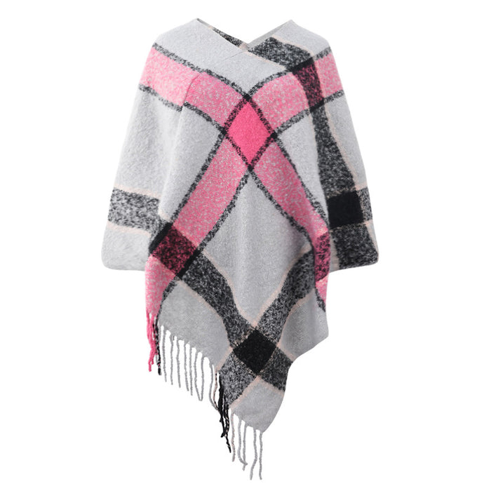 Color-Gray-Autumn Winter Cashmere Contrast Color Striped Cloak Knitted Tassel Scarf Shawl Women-Fancey Boutique