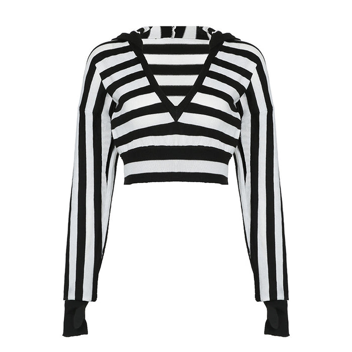 Street Hooded V Collar Contrast Color Striped Shorts Sweater Sexy Sexy Cropped Slimming Long Sleeves-Black and white-Fancey Boutique