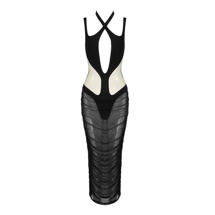 Sexy Mesh Hollow Out Cutout Semi-Transparent Slim Fit Maxi Dress Dress Women Summer Bandage Catwalk-Fancey Boutique