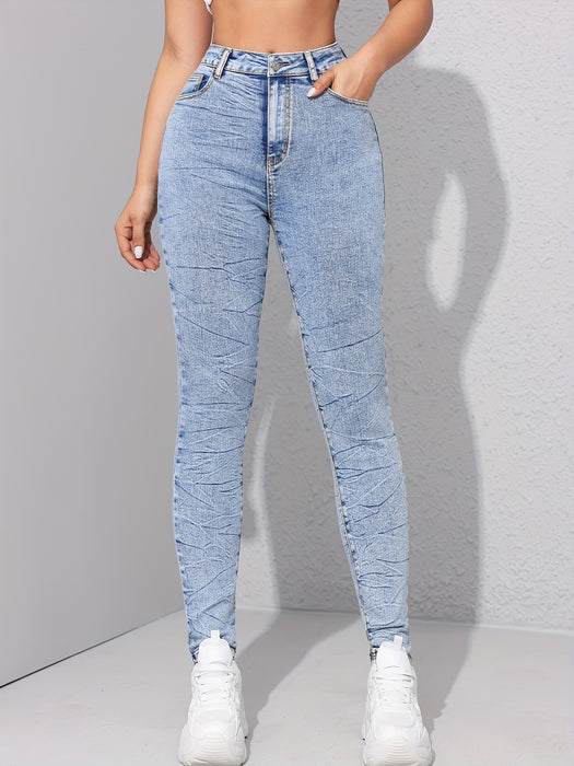 Washed Contrast Color Tappered Pencil Pants Women Elastic Skinny Slimming Denim Trousers-Light Blue-Fancey Boutique