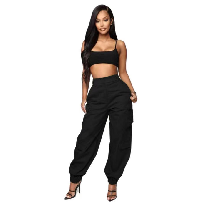 Color-Black-High Street Women Pants Trendy Cargo Pants Multi Pocket Trousers Loose Street Straight Leg Ankle Banded Pants-Fancey Boutique