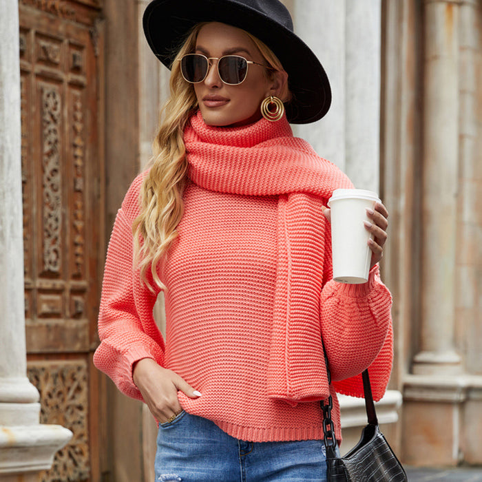 Color-Pink Autumn and Winter Sweater-Loose Autumn Winter Sweater Idle Solid Color round Neck Pullover Scarf Knitwear Sweater for Women-Fancey Boutique
