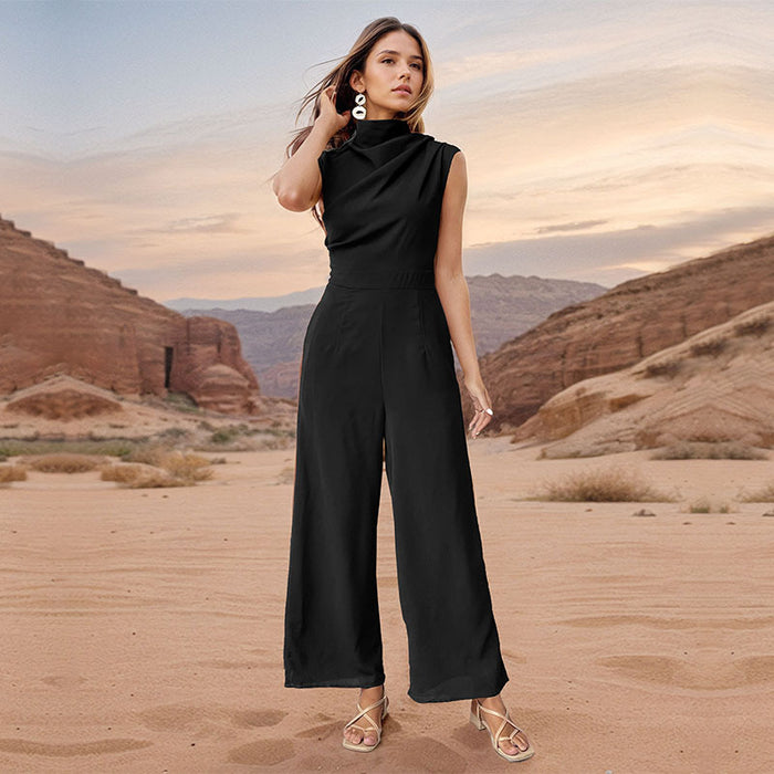 Summer Women Sleeveless Solid Color Swing Collar Jumpsuit-Black-Fancey Boutique