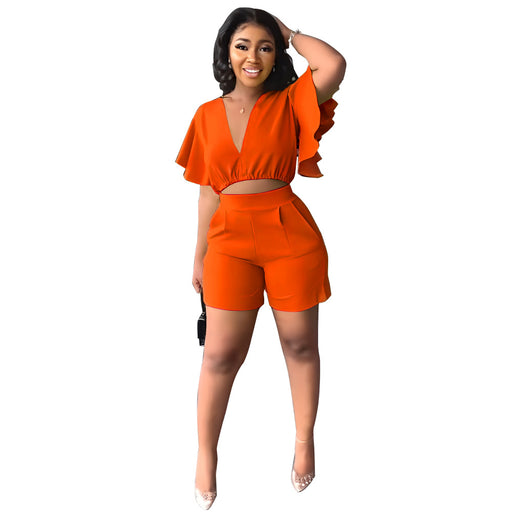 Color-Orange-Ruffled Short V neck Top Casual Shorts Summer Two Piece Set-Fancey Boutique