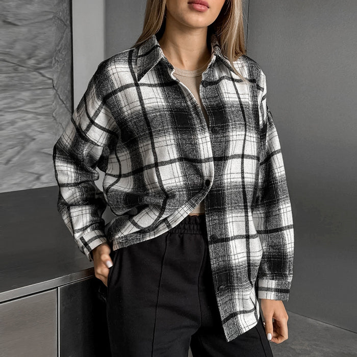 Retro Classic Loose Black White Plaid Shirt Casual Popular Long Sleeve Shirt Women-Fancey Boutique