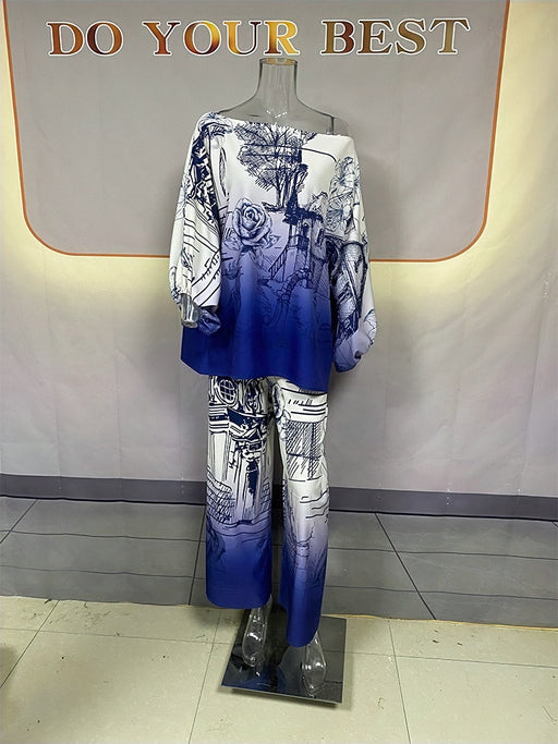 Print Long Sleeve Batwing Shirt Wide Leg Pants Suit Belt Delivery-Navy Blue-Fancey Boutique