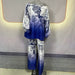 Print Long Sleeve Batwing Shirt Wide Leg Pants Suit Belt Delivery-Navy Blue-Fancey Boutique