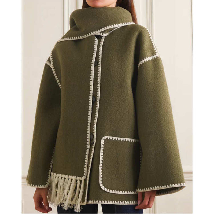 Color-Army Green-Fashionable Tassel Contrast Color Scarf Double Sided Cotton Embroidered Coat Autumn Winter-Fancey Boutique