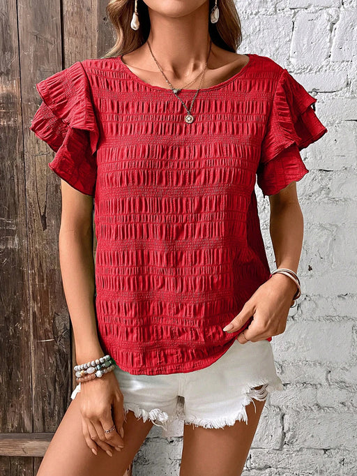 Women Clothing Summer Double Layer Ruffle Sleeve round Neck Elegant Pullover T shirt for Women-Red-Fancey Boutique