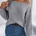 Color-Gray-Autumn Winter Casual Hollow Out Cutout out off Neck off the Shoulder Lantern Sleeve Sweater Women Clothing-Fancey Boutique