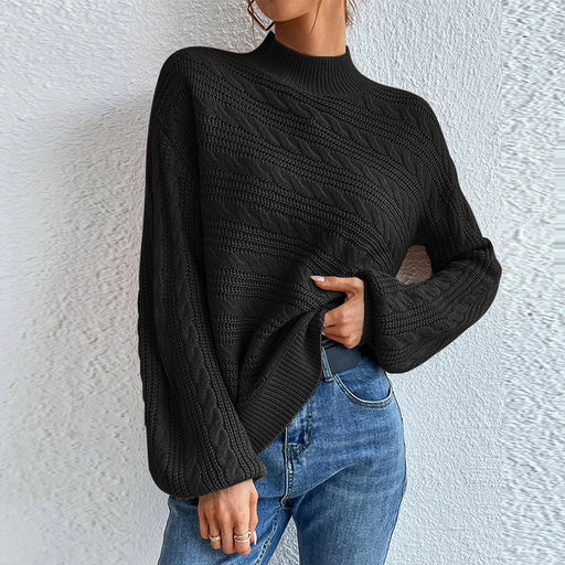 Color-Black-Autumn Winter Solid Color Women Top Loose round Neck Pullover Twist Sweater for Women-Fancey Boutique