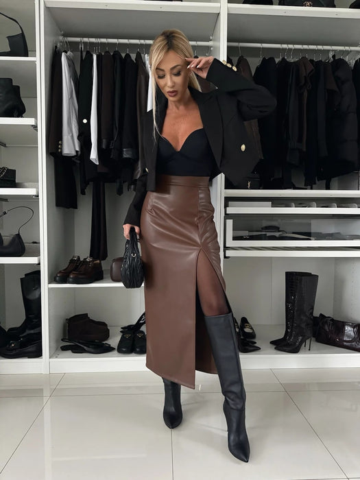 Autumn Sexy High Waist Slim Fit Slit Sheath Skirt Lady Leather Skirt-Coffee-Fancey Boutique