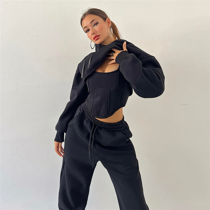 Color-Black-Autumn Winter Women Hooded Sweater Blouse Camisole Waist Pants Three Piece Set for Women-Fancey Boutique