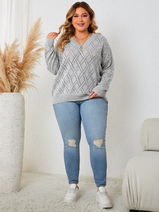 Color-Gray-Plus Size Women V neck Pullover Sweater Slightly Casual Long Sleeved Top for Women-Fancey Boutique