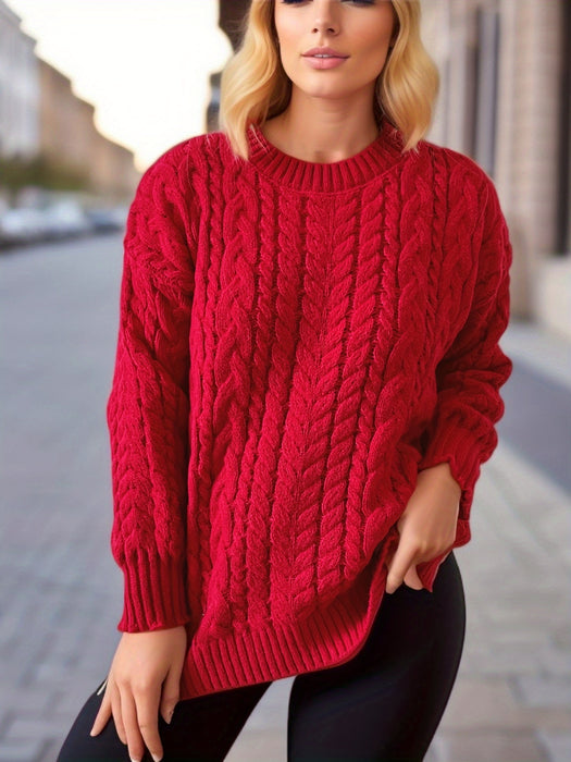 Color-Burgundy-Autumn Winter Retro Vertical Stripes Twist Round Neck Long Sleeve Knitted Pullover Thick Needle Sweater Women-Fancey Boutique