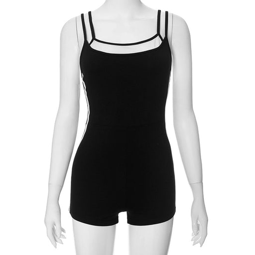 Chic Black White Contrast Color Strap Short Slim Fit Bodysuit Suit Women Summer-Black-Fancey Boutique