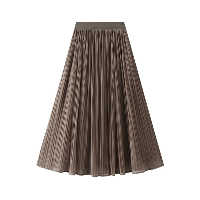 Color-Khaki-Mesh Skirt Women Autumn Winter High Waist Cover Two Sides Pleated Mid Length Large Swing A Line Gauze Skirt-Fancey Boutique