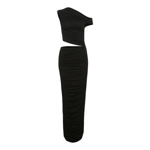 Women Elegant Slightly Mature Solid Color Pleated Slim Fit Oblique Shoulder Sheath Dress-Black-Fancey Boutique