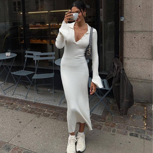 Color-White-Long Sleeve Dress Women Knitted Deep V Plunge Sweater Maxi Dress-Fancey Boutique