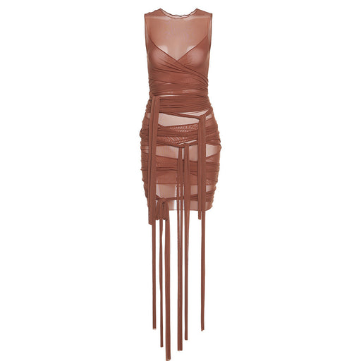 Color-Brown-Spring Women Fashion Design Sheer Mesh Sexy Backless Slim Fit Sheath Dress-Fancey Boutique