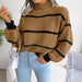 Color-Khaki-Autumn Winter Casual Striped Lantern Sleeve Half Turtleneck Knitted Sweater Women Clothing-Fancey Boutique