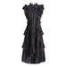 French Ethnic Palace Dress Autumn Stand Up Collar Lace Flying Sleeves Drawstring Ruffled Dress Women-Black-Fancey Boutique