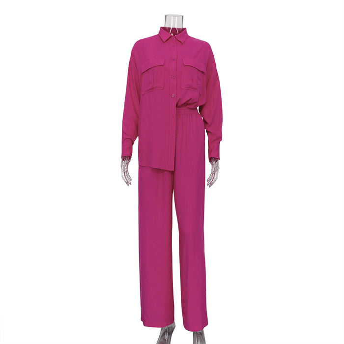 Color-Pink-Early Spring Long Sleeve Shirt Straight High-Waisted Trousers Casual Loose Two-Piece Suit Women-Fancey Boutique